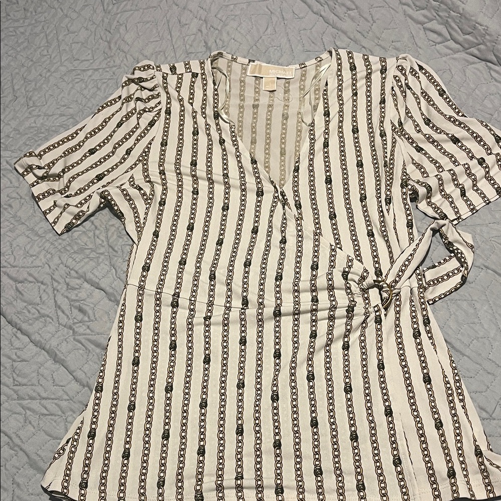 Michael Kors Chain Stripe Wrap Blouse - Black and White